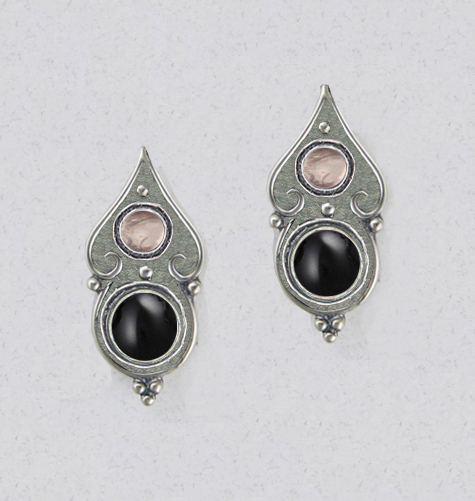 Sterling Silver Gothic Look Post Stud Earrings With Black Onyx And Rose Quartz